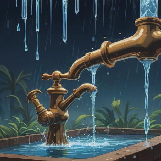 A mystical illustration depicting water-related troubles, droplets falling from a faucet, a calming blue aura surrounding the scene, subtle signs of spiritual warnings like ethereal light or symbols, a tranquil bathroom setting, reflections on the water, serene atmosphere, thoughtful and contemplative mood, 4k