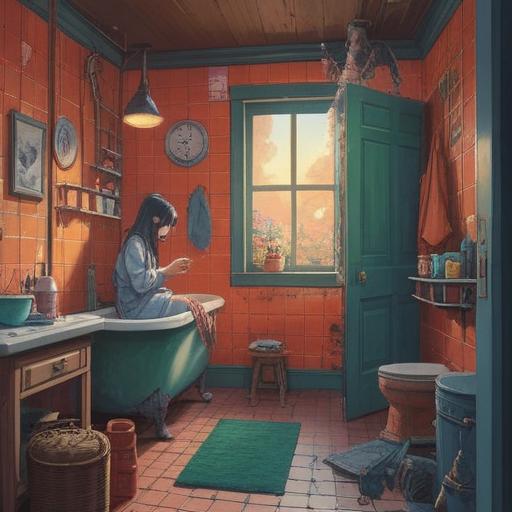 A comforting scene depicting a person finding solace in a cozy bathroom, symbolic elements like a steaming cup of tea, tools for plumbing repair, warm lighting, serene atmosphere, reflection in the mirror showing a confident smile, water symbols representing clarity and calmness, 4k