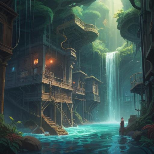 A serene and mystic depiction of plumbing issues, water swirling in a metaphysical vortex, symbolic representations of emotions and challenges, calming color palette, ethereal lighting, elements of nature intertwined with pipes, a sense of balance and release, dreamlike atmosphere, 4k