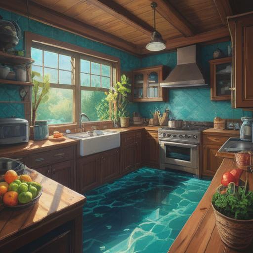 A serene kitchen scene depicting a peaceful water flow, symbolic of spiritual cleansing, vibrant colors, soft light illuminating the surroundings, calming ambiance, elements of nature like plants and water droplets, connectedness to the subconscious, representation of harmony and clarity, 4k