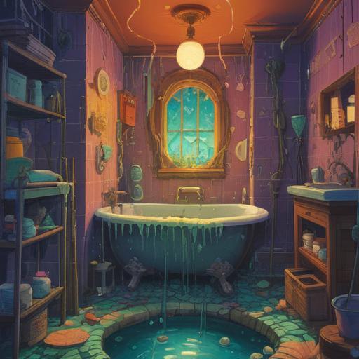 A whimsical illustration depicting a cluttered bathroom with clogged drains, subtle spiritual signs like glowing orbs and ethereal wisps, a mystical aura surrounding pipes, hints of water splashes symbolizing emotional release, soft light filtering through a foggy window, elements of nature intertwining with plumbing, calming color palette, inviting texture, 4k