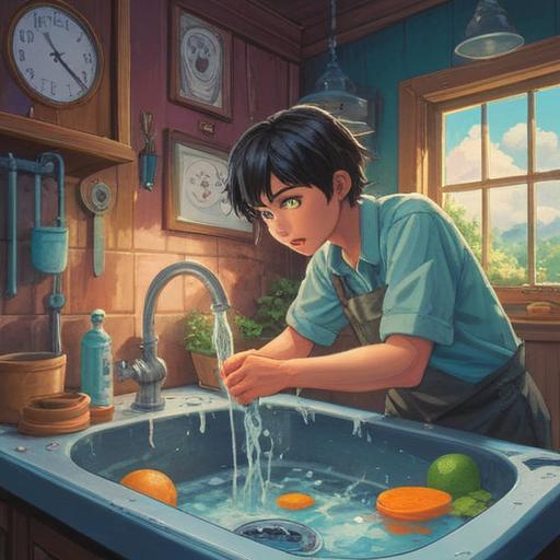 A whimsical scene depicting a person joyfully unclogging a sink, colorful tools and a plunger in hand, sparkling water flowing freely, household items scattered around, a cheerful, determined expression on their face, symbols of luck like four-leaf clovers and horseshoes in the background, a bright and inviting kitchen setting, 4k