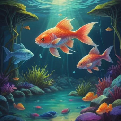 A mystical and serene underwater scene, ethereal light filtering through the water, symbolic representation of cleansing and transformation, colorful fish swimming around, vibrant coral reefs, a sense of peace and renewal, spiritual awakening, deep blue tones, abstract shapes representing emotions, 4k