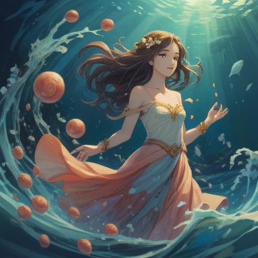 A serene underwater scene depicting a spirit guide emerging from soft waves, ethereal light filtering through the water, mystical symbols floating in the current, vibrant aquatic life surrounding, a sense of peace and healing, spiritual connection with nature, tranquil atmosphere, dreamlike quality, 4k