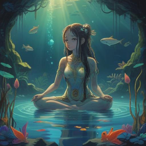 A serene underwater scene, ethereal light filtering through the water, aquatic symbols and creatures representing spiritual awareness, a figure meditating in the depths, surrounded by signs of transformation and healing, calming blue hues, mystic energy flowing around, emphasis on intuition and clarity, 4k