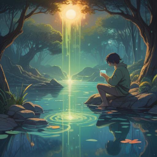 A serene illustration of a person drinking water, surrounded by a glowing aura, calming natural landscape, reflection of inner peace, harmonious connection with nature, crystal-clear water flowing, gentle sunlight filtering through trees, pastel color palette, spiritual symbolism, mindfulness and hydration, tranquil vibe, 4k