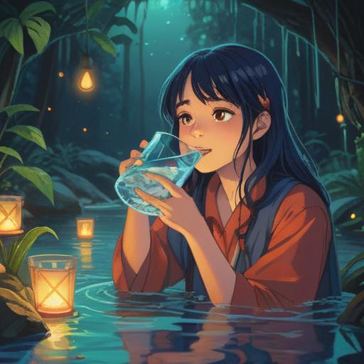 A serene and tranquil scene depicting a person drinking water mindfully, surrounded by soft glowing lights, nature elements like plants and flowing water, showcasing a peaceful expression, symbolizing spiritual awareness and vitality, gentle ripples in the water reflecting sunlight, inviting atmosphere, harmonious connection with nature, 4k