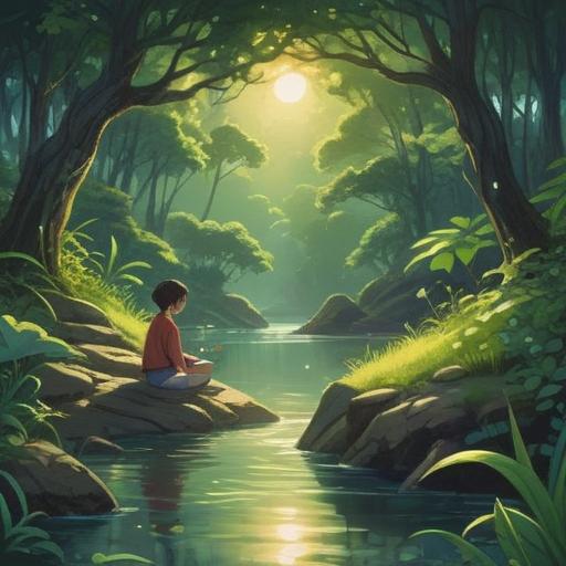 A serene landscape depicting a flowing river, gentle ripples reflecting sunlight, a person meditating on the bank, surrounded by lush greenery, symbols of water elements like lotus flowers and fish, ethereal aura suggesting spiritual connection, warning signs illustrated subtly in the environment, harmonious and peaceful ambiance, 4k