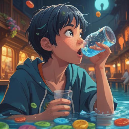 A vibrant and cheerful illustration showcasing a person joyfully drinking water, surrounded by various colorful lucky charms like a water bottle shaped like a lucky cat, sparkling gemstones, and other symbols of good fortune, bright and lively colors, inviting atmosphere, detailed character expressions, 4k