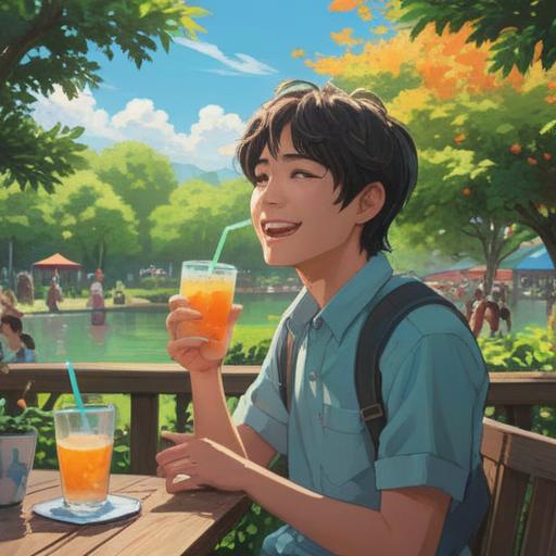 A joyful scene of a person savoring a refreshing drink in a sunny park, vibrant greenery all around, smiling face reflecting contentment, sitting on a picnic blanket, surrounded by water bottles and fruits, a sense of relaxation and mindfulness, bright and uplifting atmosphere, inviting environment, tranquil moment, 4k