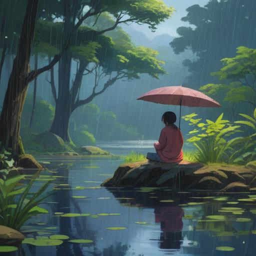 A serene and mystical scene, gentle rain falling on a tranquil lake, a lone figure meditating by the water's edge, surrounded by lush greenery, reflections of the droplets on the surface of the water, ethereal glow, symbolizing purification and renewal, spiritual awakening, harmonious connection with nature, 4k
