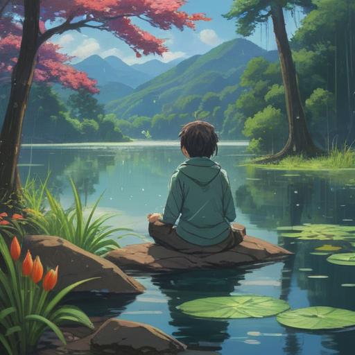 A serene scene of a person meditating by a tranquil lake, gentle raindrops creating ripples on the water's surface, soft light filtering through lush green trees, the air filled with a sense of peace and renewal, symbols of spirituality subtly emerging from the water, vibrant colors reflecting harmony, mystical atmosphere, 4k