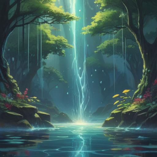 A mystical and serene scene depicting water droplets shimmering under the sunlight, ethereal figures emerging from the water, gently flowing waves symbolizing transformation, subtle energy patterns radiating from the water's surface, tranquil forest background, butterflies fluttering around, aura of spiritual awareness, vivid colors, harmonious atmosphere, 4k