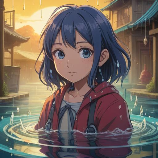 A vibrant illustration of a lucky charm surrounded by droplets of water, glistening under sunlight, with soft reflections in a shallow pool, detailed textures showcasing the moisture, warm colors contrasting with the cool blue of water, magical atmosphere, inviting and serene backdrop, elements of nature like flowers or leaves nearby, 4k