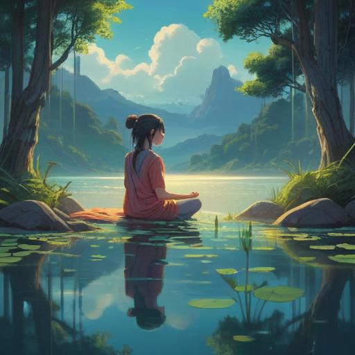 A serene and mystical scene depicting the spiritual connection to water, ethereal light reflecting on a calm lake, a figure meditating by the water's edge, surrounded by soft mist and lush greenery, conveying tranquility and harmony, vivid colors, deep symbolism, inviting atmosphere, 4k