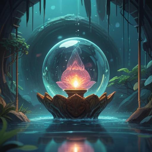 A serene and mystical illustration of a spiritual lucky item that attracts water, ethereal glowing object, surrounded by shimmering droplets, calming blue hues, lush natural setting, gentle flowing river, harmonious balance between nature and spirituality, enchanting atmosphere, 4k