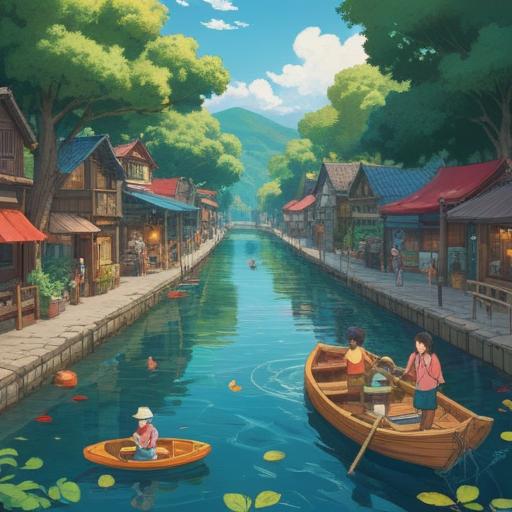 A serene illustration of daily life enriched by the presence of water energy, people engaging in eco-friendly activities around a river, children playing with water, solar panels and wind turbines in the background, lush greenery, a peaceful atmosphere, harmonious interaction with nature, vibrant reflections on water, 4k