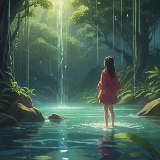 A serene and tranquil scene depicting a person standing beneath a gentle water shower, surrounded by ethereal light, representing cleansing and renewal, lush greenery and flowers in the background, soft mist rising, peaceful expression on the person's face, harmonious energy flow, spiritual awakening, harmonious connection with nature, 4k