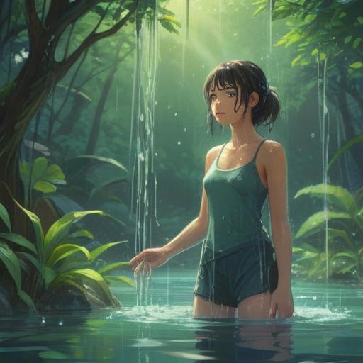 A serene scene depicting a person standing under a gentle water shower, soft light filtering through lush greenery, ethereal water droplets sparkling in the air, a sense of tranquility and rejuvenation, spiritual symbols subtly integrated into the background, harmonious atmosphere, natural elements enhancing the mood, meditative expression, 4k