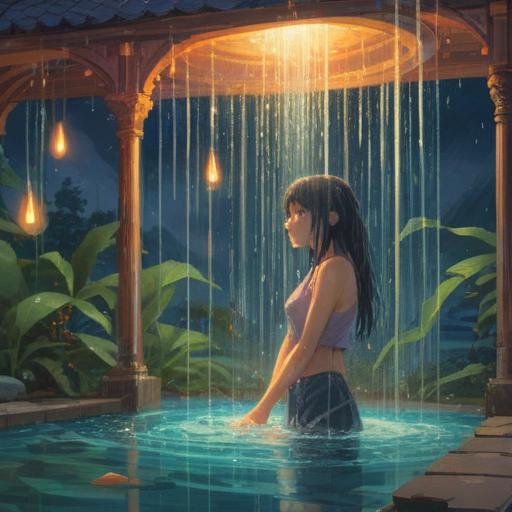 A serene scene of a person enjoying a refreshing water shower, surrounded by ethereal lights symbolizing spiritual signs, gentle water droplets glistening, peaceful expression reflecting mindfulness, subtle hints of nature in the background, harmonious atmosphere, light and shadow play enhancing the moment, vibrant colors capturing a sense of rejuvenation, 4k