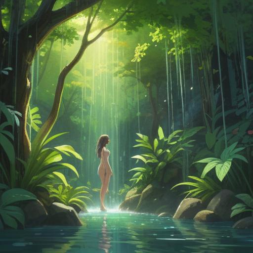 A serene and refreshing scene depicting a person enjoying a water shower, surrounded by lush greenery and soft sunlight filtering through the leaves, tranquil atmosphere, emphasis on relaxation and wellness, droplets glistening on skin, gentle steam rising, harmonious connection with nature, 4k