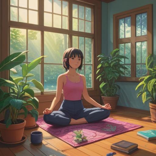 A serene lifestyle scene, natural light pouring in through a window, a person practicing yoga on a mat, surrounded by plants and calming decor, a cup of herbal tea on a table, warm colors, peaceful atmosphere, mindfulness and tranquility emphasized, daily wellness habits, 4k