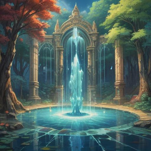 A surreal illustration depicting an overflowing fountain, representing the spiritual meaning of unceasing water flow, vibrant colors, ethereal light, mystical atmosphere, abstract forms surrounding the water, symbolism of abundance and emotions, harmonious elements, tranquil yet powerful energy, 4k