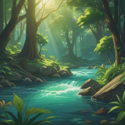 A serene landscape with a flowing river, symbolizing abundance and positive energy, lush greenery surrounding the water, sunlight filtering through trees, a sense of tranquility and harmony, spiritual symbols intermingled with nature, vibrant colors reflecting hope and prosperity, 4k