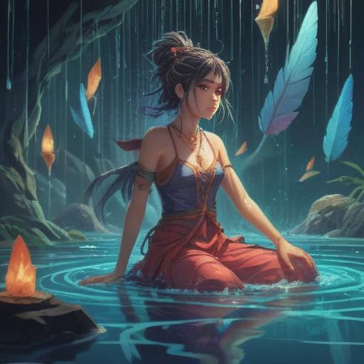 A surreal illustration depicting a person surrounded by cascading water, symbols of spiritual signs like feathers and crystals floating around, a sense of urgency and awareness in their expression, vibrant colors and dynamic motion, a mystical landscape in the background, conveying the necessity to pay attention to spiritual messages, 4k