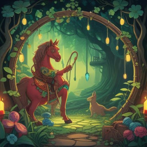 A whimsical illustration featuring a collection of lucky items to keep the flow going, items include a four-leaf clover, a horseshoe, a small bell, and a lucky coin, arranged harmoniously on a vibrant background, bright colors, cheerful atmosphere, symbolic meaning of luck and continuity, 4k