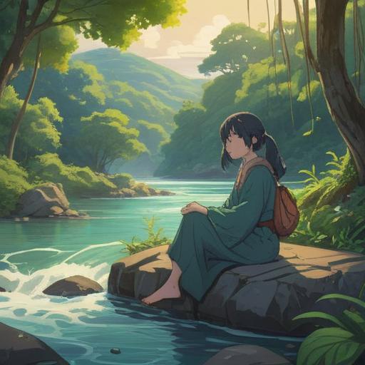 A serene and introspective scene, a person sitting peacefully by a flowing river, meditative posture, surrounded by lush greenery, gentle sunlight filtering through the trees, reflecting on the beauty of nature, symbolizing acceptance and resilience, soft winds creating ripples in the water, tranquil atmosphere, vivid colors, harmonious composition, 4k
