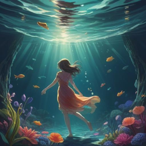 A serene underwater scene, a person surrounded by shimmering water, flowing waves reflecting sunlight, ethereal qualities symbolizing tranquility, gentle aquatic plants swirling, spiritual connections to nature, vibrant marine life, soft blue hues, harmonious atmosphere, 4k