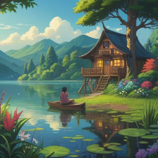 A serene scene depicting a person sitting by a tranquil lake, surrounded by lush greenery, reflecting a sense of peace and connection to nature, gentle waves lapping at the shore, the sun setting in the background casting golden hues, symbols of water like flowing streams and droplets in the air, calming energy radiating from the character, manifestations of spirituality like glowing orbs nearby, the atmosphere infused with a sense of balance and harmony, 4k