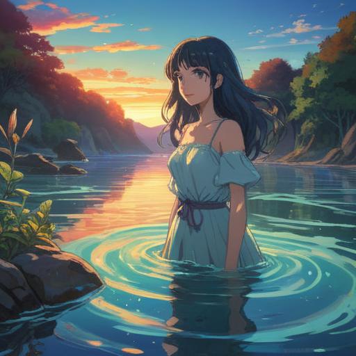 A serene scene depicting a person who loves water, surrounded by gentle waves and shimmering reflections, a soft glow of light illuminating the water's surface, symbolic motifs such as fish and lotus flowers representing spiritual signs, tranquil atmosphere evoking introspection and enlightenment, lush greenery in the background, harmonious balance between nature and the individual, 4k