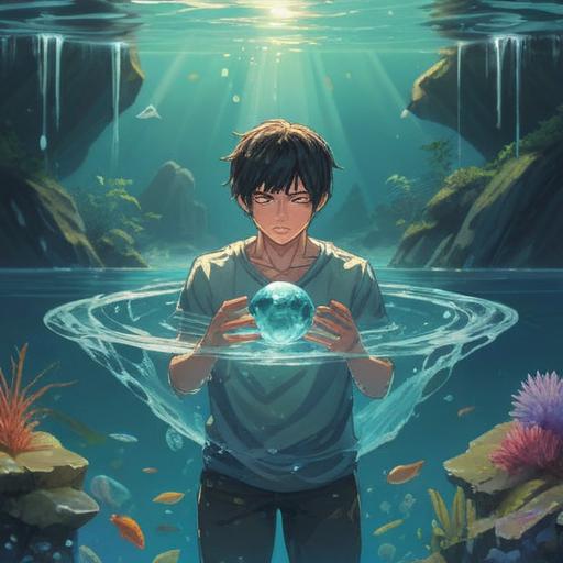 A serene illustration of a person surrounded by crystal-clear water, holding a sparkling aquamarine stone, gentle ripples reflecting sunlight, lush greenery in the background, peaceful atmosphere, calm expression, nature-inspired details, vibrant colors, natural harmony, 4k