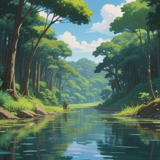 A serene landscape illustrating the harmony between life and water, tranquil river flowing through lush greenery, gentle ripples reflecting sunlight, diverse wildlife interacting with the environment, peaceful human figures engaging in water activities, vibrant colors conveying a sense of well-being, uplifting atmosphere, connection to nature, 4k