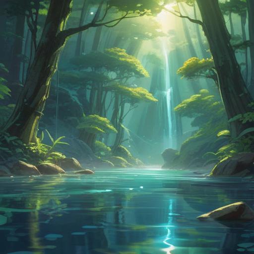 A serene nature scene, clear blue water flowing gently, sunlight sparkling on the surface, lush greenery surrounding, a sense of spiritual awakening, tranquil atmosphere, soft reflections in water, symbolic elements like lotus flowers and glowing orbs, 4k