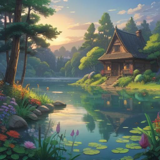 A serene landscape depicting a tranquil lake, surrounded by lush greenery and vibrant flowers, sunlight glistening on the water's surface, ethereal mist rising, gentle breezes creating ripples, a feeling of peace and enlightenment, a spiritual presence felt in the air, symbolizing the sweetness of water as a good omen, 4k