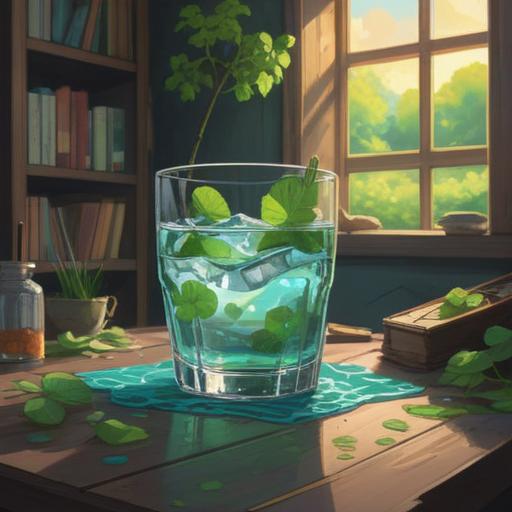 A serene scene of a refreshing glass of water, sunlight reflecting off the surface, surrounded by lucky items like four-leaf clovers and horseshoes, gentle ripples in the water, vibrant colors, inviting atmosphere, clear summer day, 4k