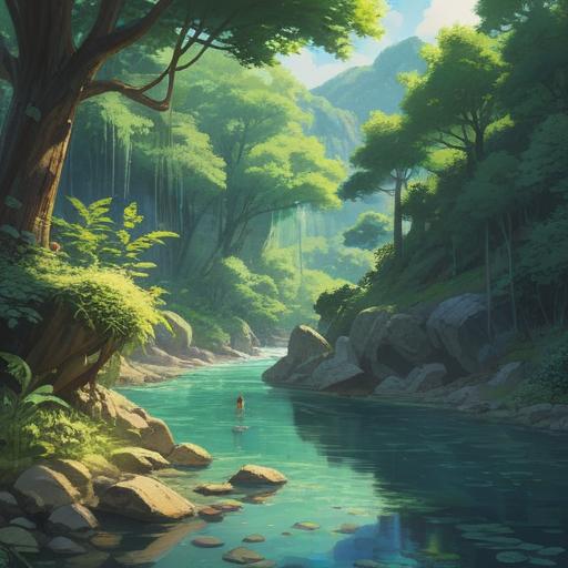 A serene nature scene, crystal clear water flowing gently, lush greenery surrounding the river, sunlight glimmering on the surface, a person peacefully meditating by the water, deep reflection and tranquility, soft breeze rustling leaves, feeling of sweetness in the air, 4k