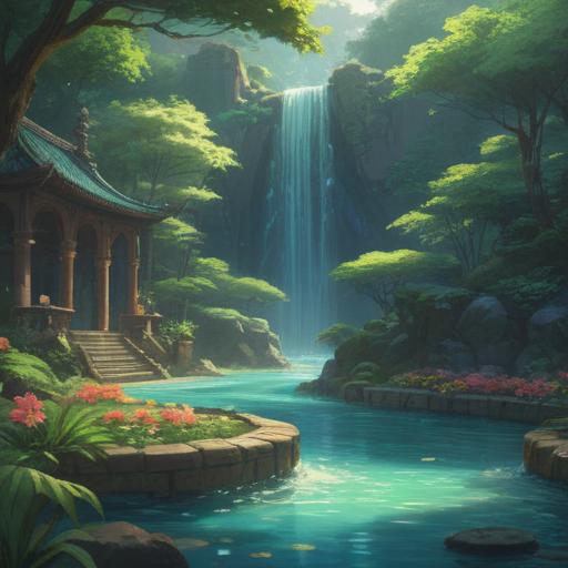 A serene landscape featuring a mystical fountain, clear water flowing effortlessly, surrounded by lush greenery, vibrant flowers, and soft, glowing light, symbolizing spiritual abundance, harmonious energy, and positive omens, tranquil atmosphere, inviting sense of peace, 4k