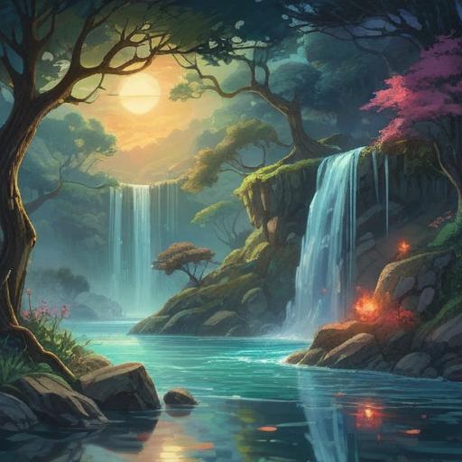 A mystical scene depicting an overflowing water source, surrounded by ethereal light and shimmering reflections, symbols of intuition and awareness, subtle apparitions in the background representing spiritual guidance, serene atmosphere, nature intertwined with the metaphysical, vibrant colors, 4k