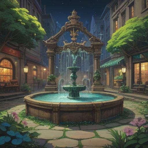 A whimsical scene showcasing a water fountain unexpectedly gushing, surrounded by sparkling lucky items like a four-leaf clover, a horseshoe, and a lucky cat figurine, vibrant colors, cheerful atmosphere, sunlight glimmering on water droplets, playful and magical feel, 4k