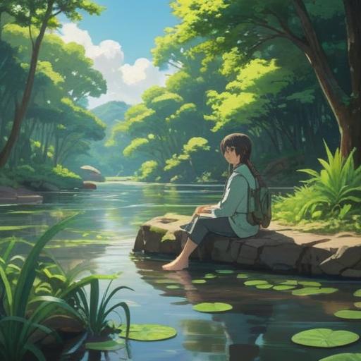 A serene scene of a tranquil river flowing gently, surrounded by lush greenery, soft sunlight filtering through the leaves, a person sitting peacefully on a riverbank, meditating with closed eyes, reflecting on nature, gentle ripples in the water symbolizing clarity and renewal, soothing atmosphere, sense of calm and mental refreshment, 4k