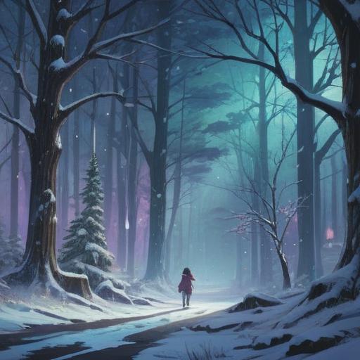 A serene illustration of a snowstorm, mystical energy swirling, ethereal light breaking through snowflakes, symbolizing spiritual transformation, contrasting dark trees against the white snow, a peaceful yet powerful atmosphere, subtle hints of ancient wisdom in the air, 4k