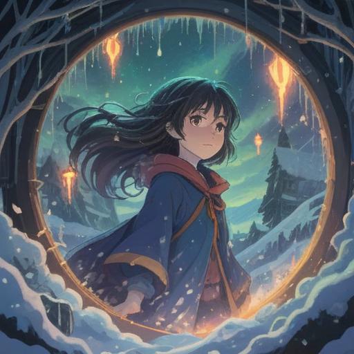 A mystical scene during a snowstorm, swirling snowflakes, ethereal light breaking through clouds, shadowy figures representing spiritual signs, a person standing in awe, deep connection with nature, feelings of introspection, powerful energy in the air, 4k