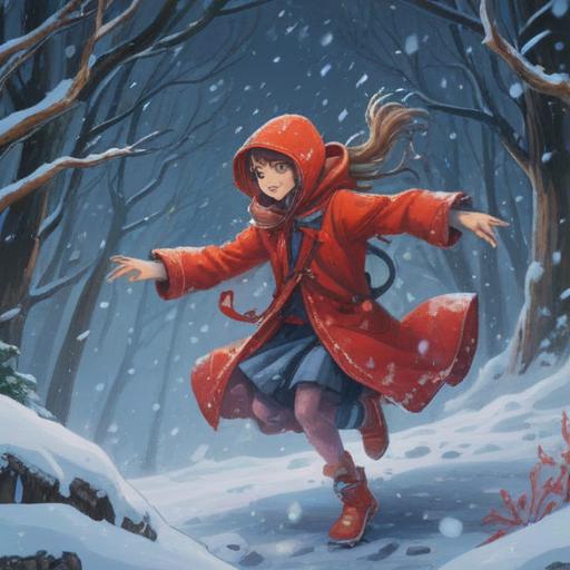 A whimsical illustration of a person braving a fierce snowstorm, clutching a bright red lucky charm, snowflakes swirling around, determination in their eyes, a serene landscape blanketed in snow, hidden warmth within the charm, vibrant colors contrasting with the cold environment, 4k