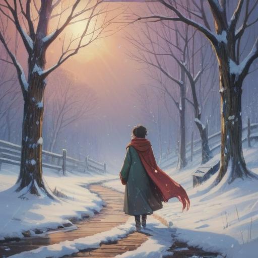 A serene winter landscape, heavy snowfall blanketing the ground, a lone figure standing resolutely against the wind, determination in their eyes, a sense of calm amidst the storm, snow-covered trees swaying gently, the atmosphere filled with hope and resilience, soft light breaking through dark clouds, 4k