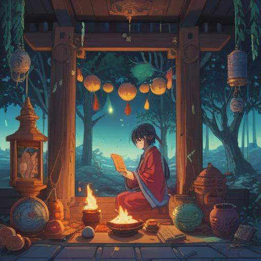 A mystical scene depicting the essence of chuunibyou spirituality, various lucky items scattered around, a vibrant aura surrounding ancient scrolls, glowing crystals, and magical talismans, enchanting atmosphere, detailed elements representing youth and imagination, ethereal lighting, captivating character interacting with the items, whimsical design, 4k