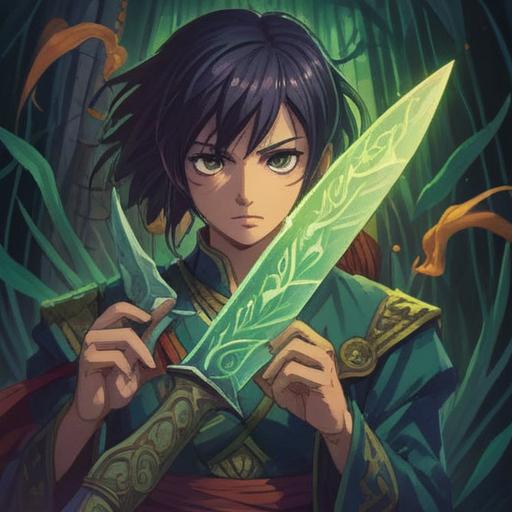 A mystical illustration of a knife surrounded by ethereal light, symbolic representation of the spiritual significance of blades, intricate patterns on the blade, wisps of energy emanating from the handle, serene nature backdrop with soft glowing orbs, deep connection between the weapon and the spirit world, 4k